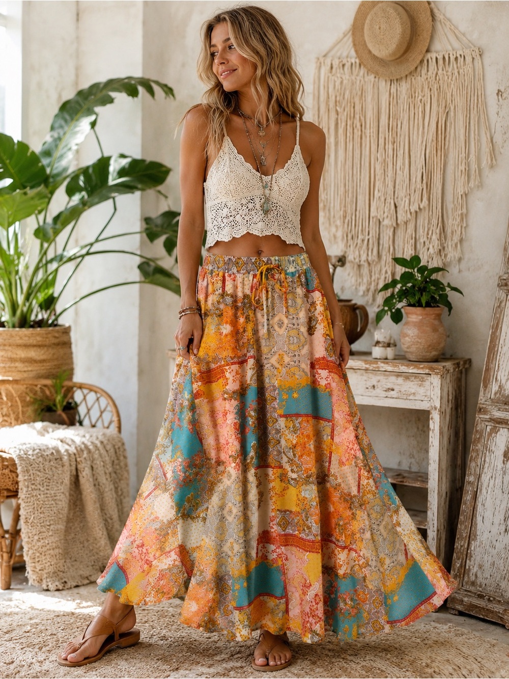 Aakaa Patchwork Paisley Maxi Skirt Boho Festival Elastic Waist Colorful Size SM